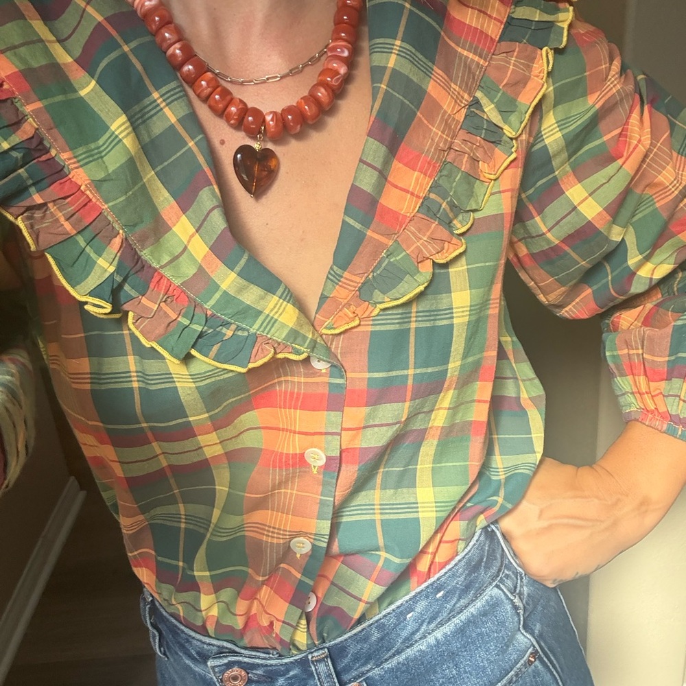 Free People Multicolor Plaid Ruffle Blouse